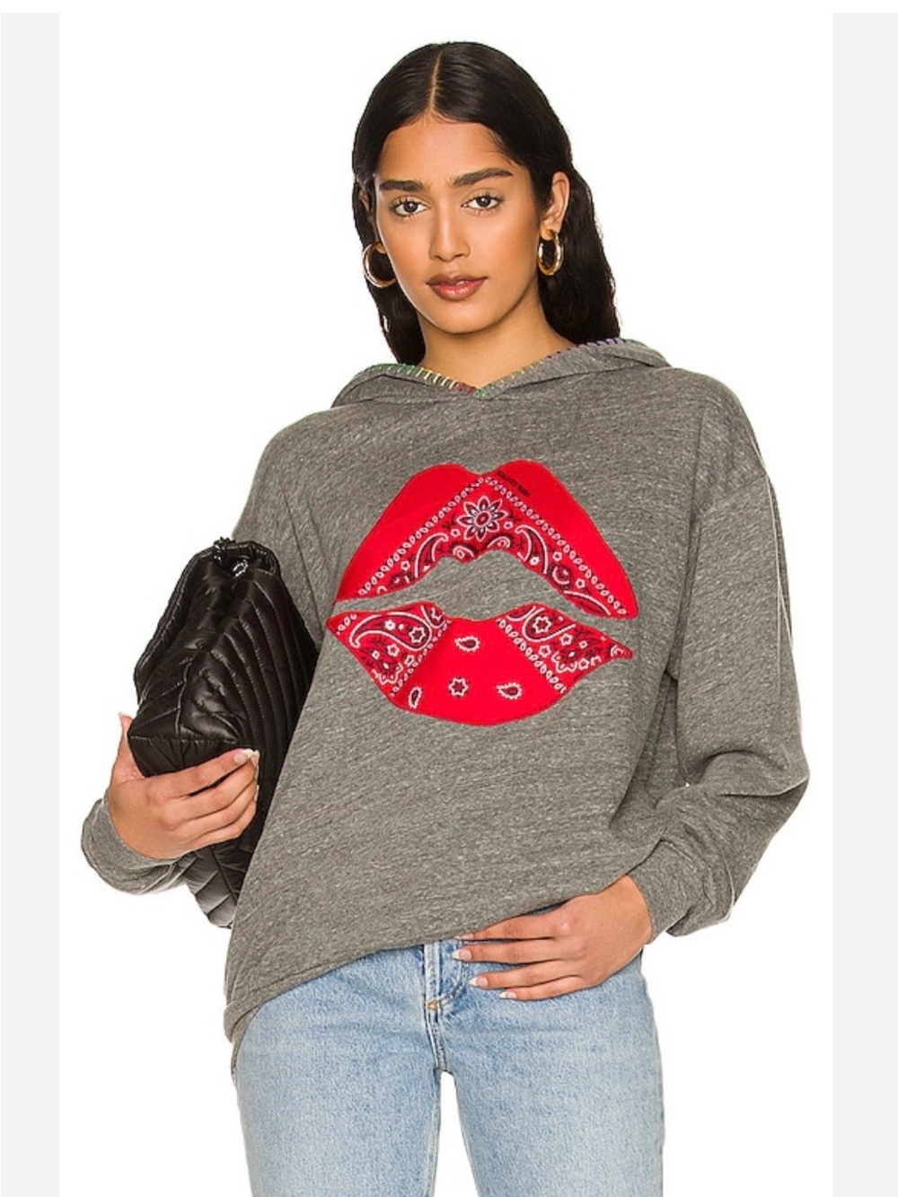 Lauren Moshi Gray Hoodie with Red Bandana Lip Appliqué